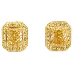 Alexander GIA 5.02ct Fancy Yellow Radiant Diamond with Halo Stud Earrings 18k