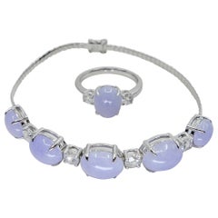 Certified Lavender Jade & Rose Cut Diamond 3 Stone Ring & Bracelet Set. 