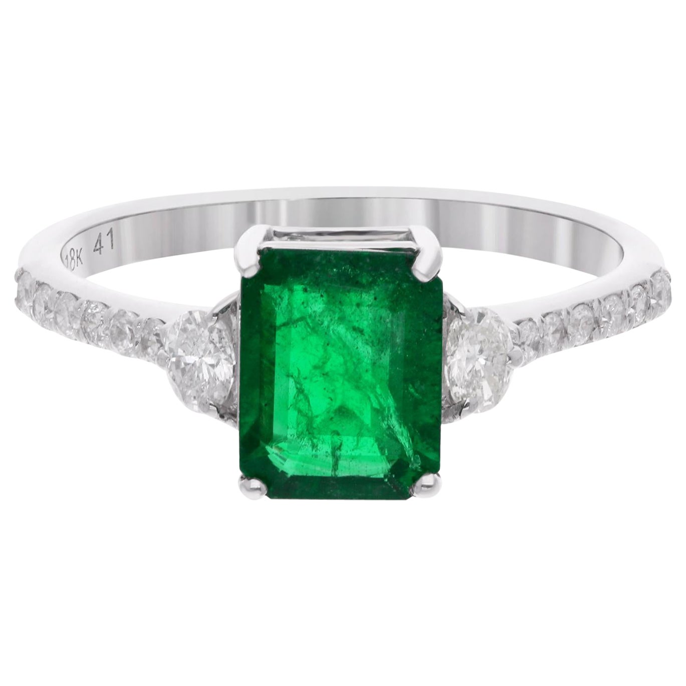 Zambian Emerald Gemstone Ring Round & Oval Shape Diamond 18 Karat White Gold For Sale