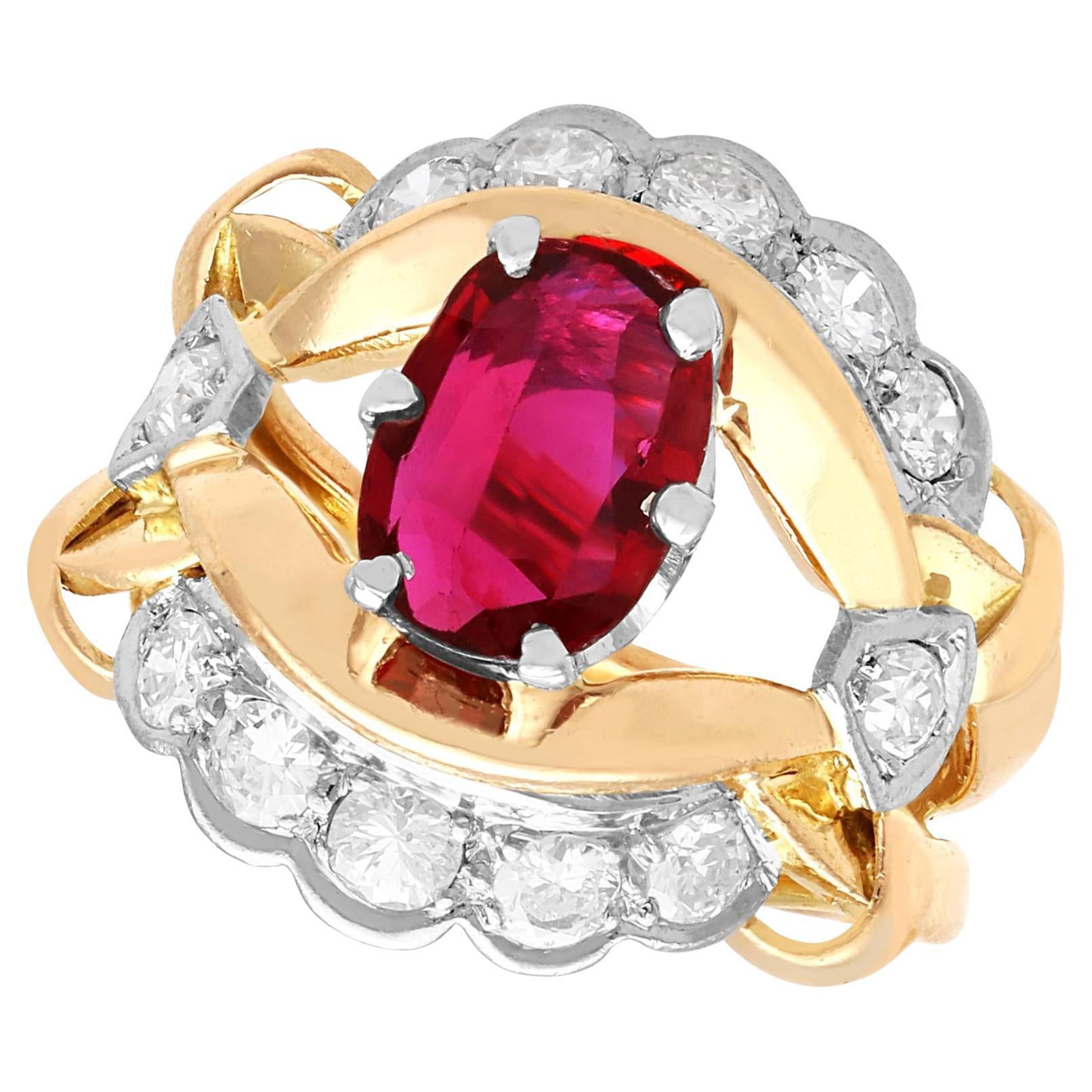 Vintage 1.80 Carat Thai Ruby and 1.12 Carat Diamond 18k Yellow Gold Dress Ring