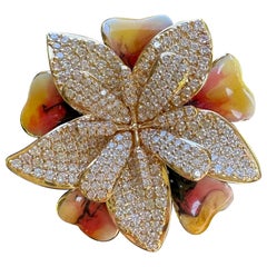 Einzigartiger 3dimensionaler Diamant- und Emaille-Ring mit tropischer Blume aus 18 Karat Gelbgold