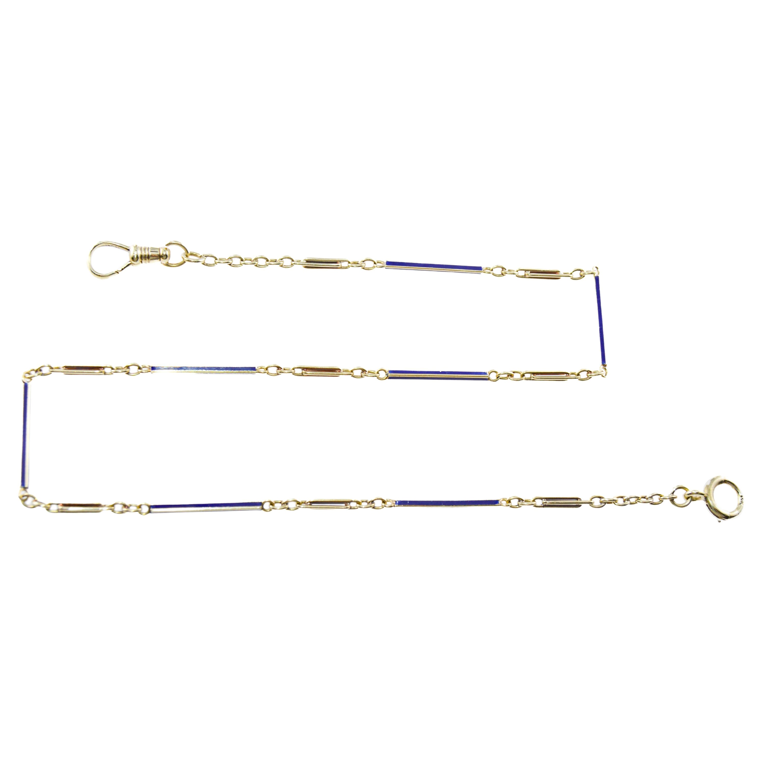 14Kt Yellow Gold & Blue Enamel Necklace, Bracelet or Pocket Watch Chain 1940's