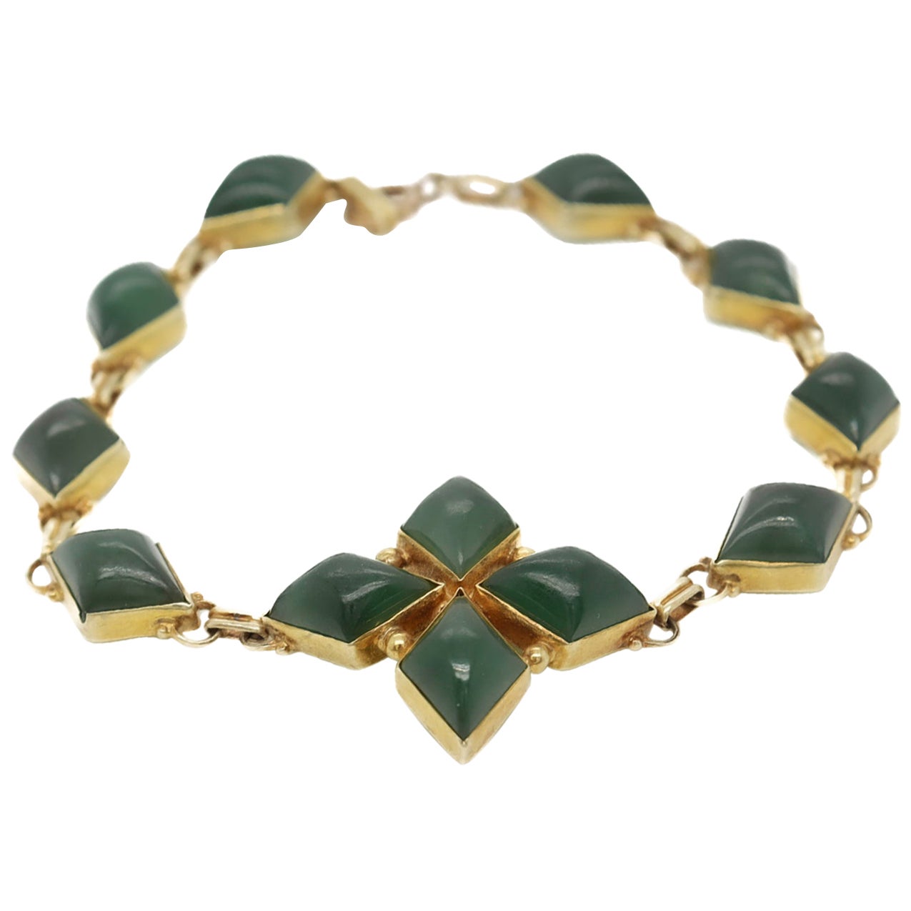 Antique Mid-Century 14k Gold & Green Jade Bracelet For Sale