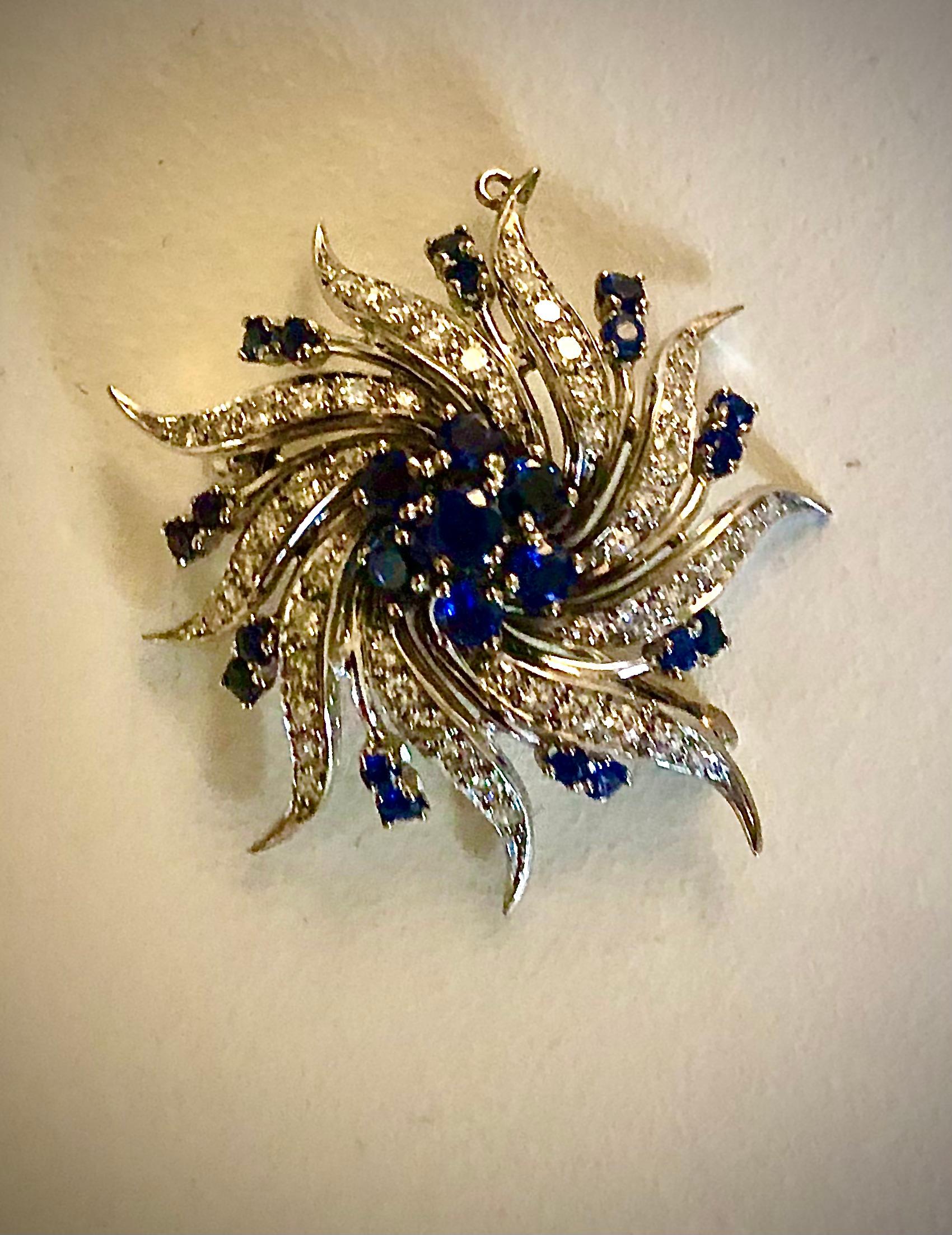 Sapphire and diamond Catherine wheel style brooch/ pendant For Sale