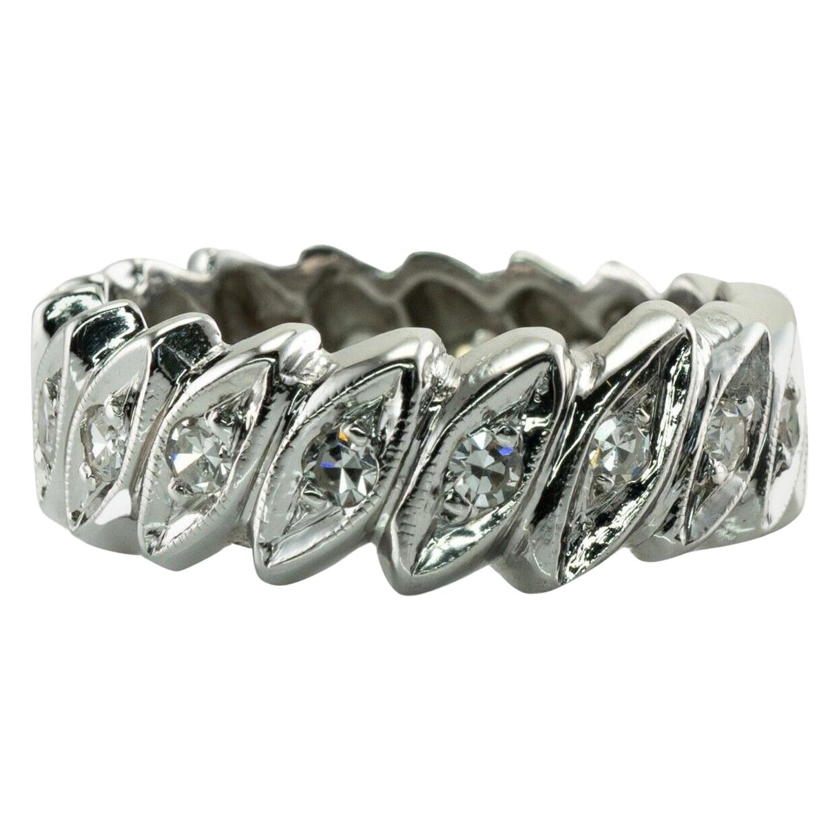 Eternity Diamond Ring 14K White Gold Band Single Cut .90 TDW For Sale