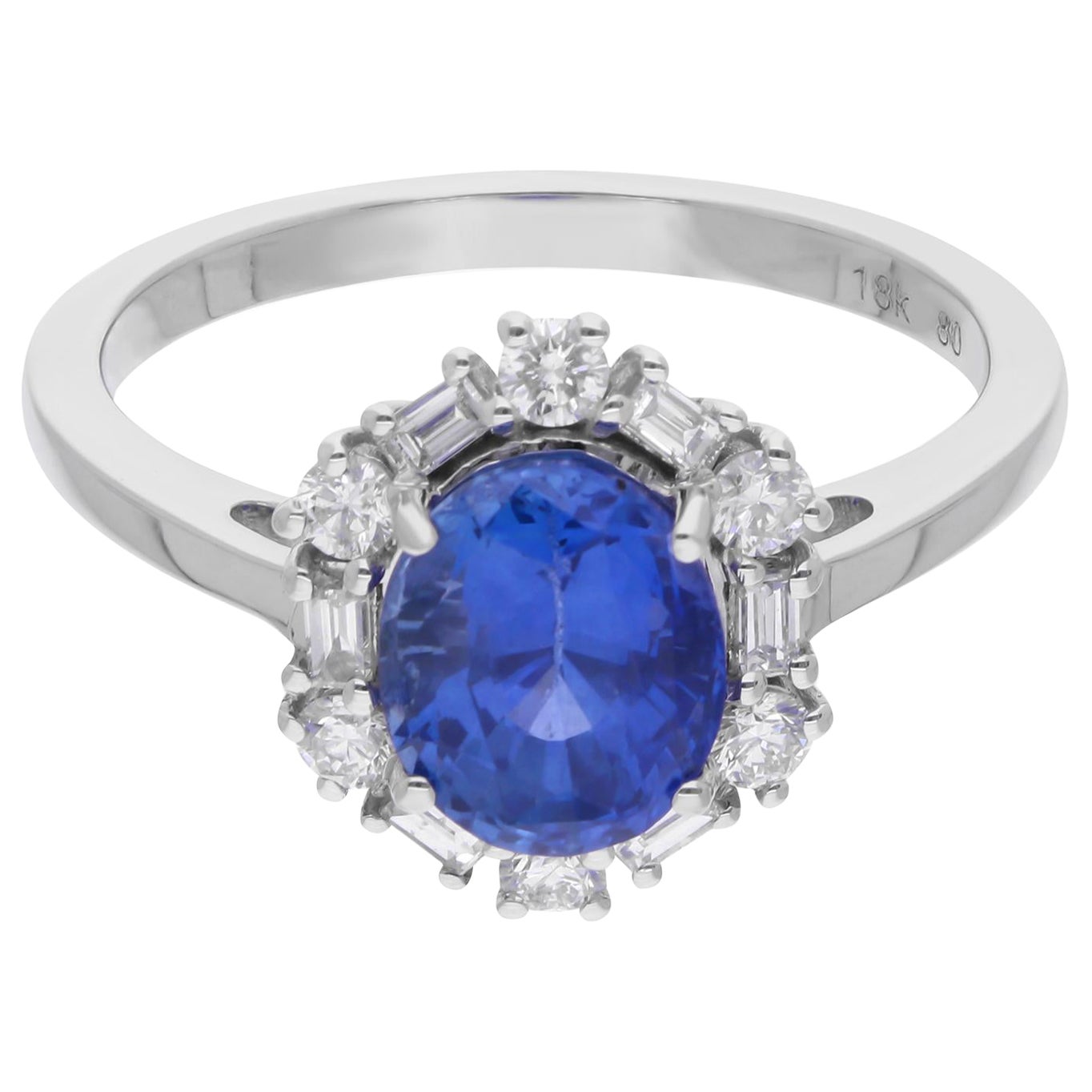 Zafiro Azul Piedra Preciosa Anillo de Cóctel Diamante 18 Kt Oro Blanco Joyería Artesanal
