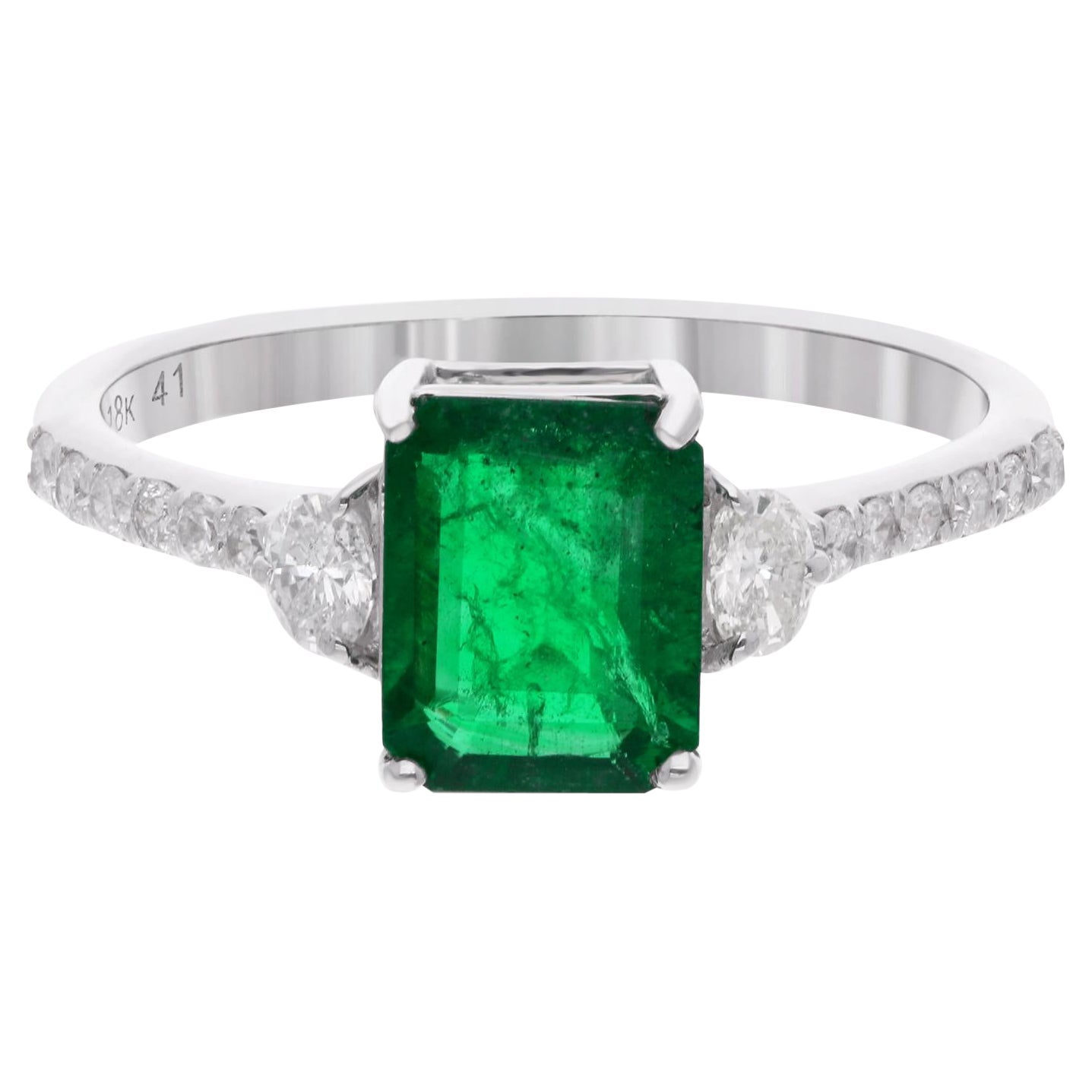 Zambian Emerald Gemstone Ring Round & Oval Shape Diamond 14 Karat White Gold For Sale