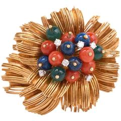 Multi Gem Diamond Gold Flower Brooch Pin 10
