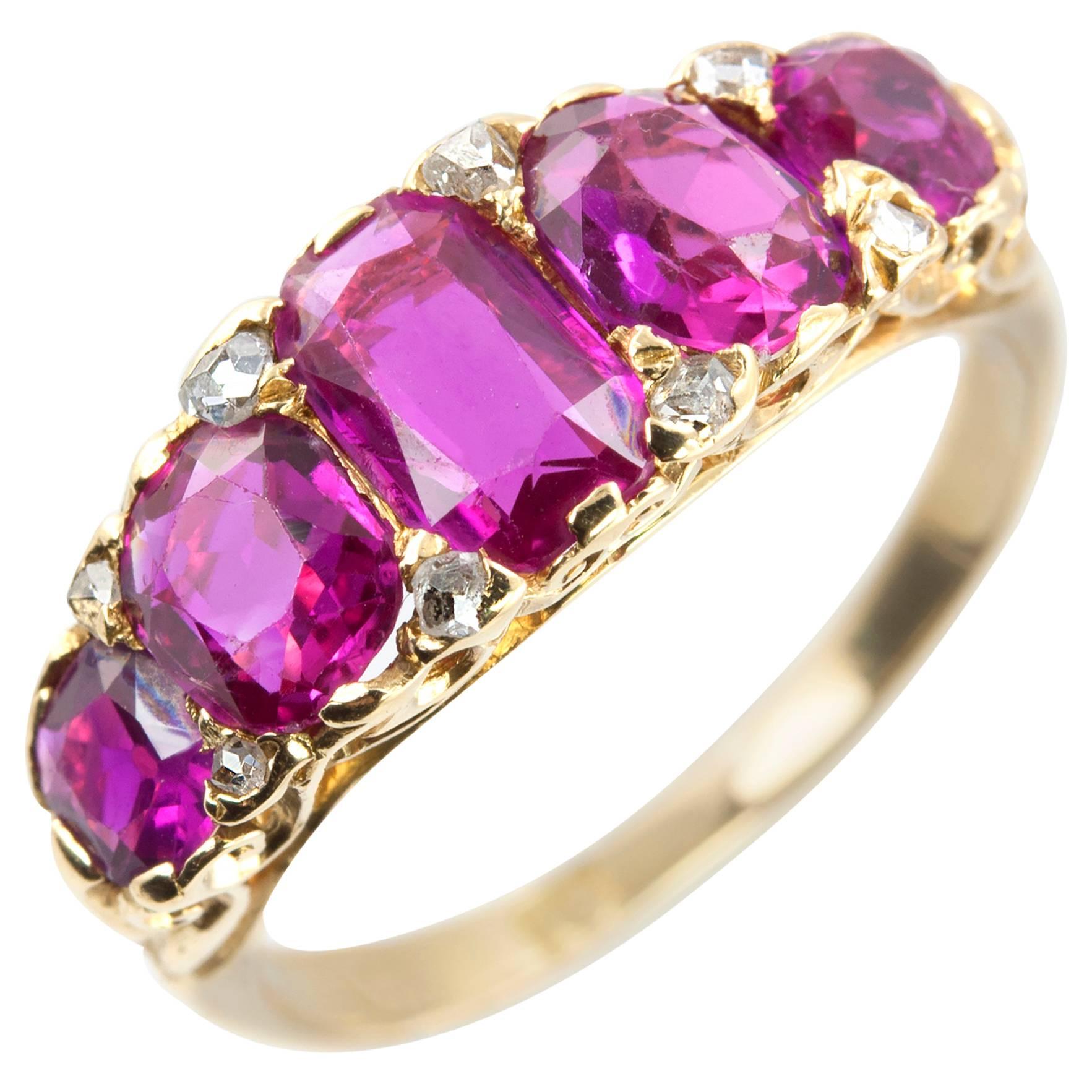 Victorian Ruby and Diamond Five-Stone Gold Ring For Sale