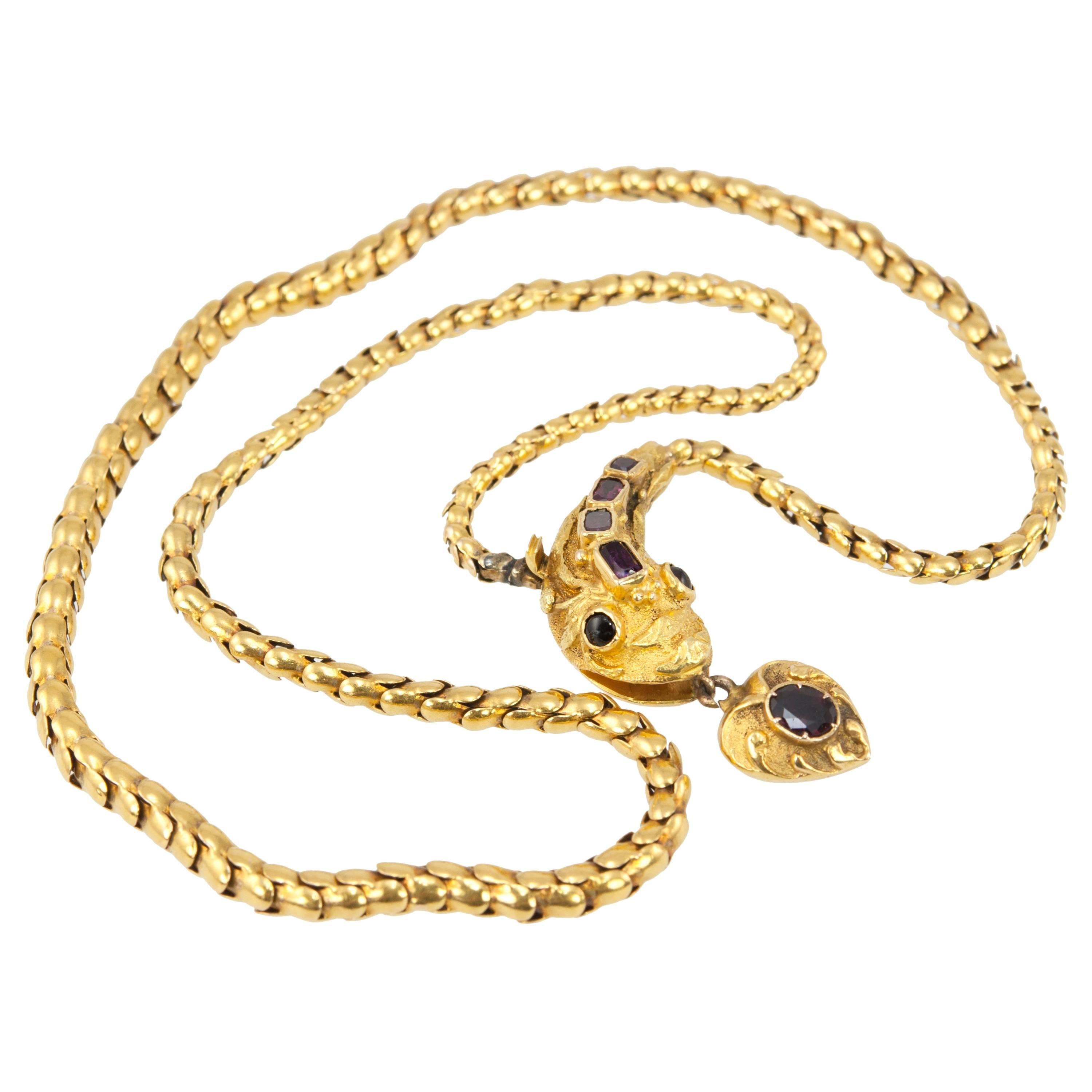 Victorian Garnet Gold Snake Necklace  For Sale