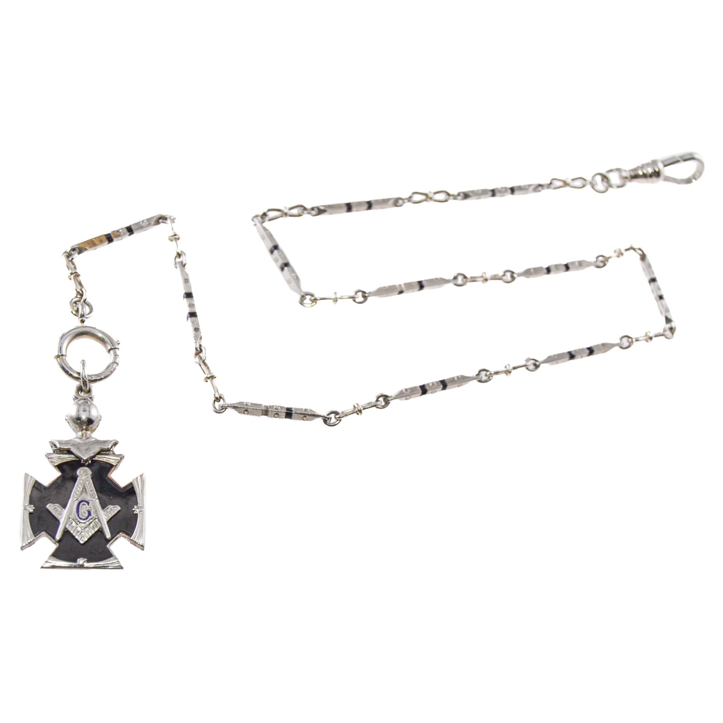14Kt White Gold & Black Enamel Necklace, Bracelet or Pocket Chain & Masonic Fob For Sale