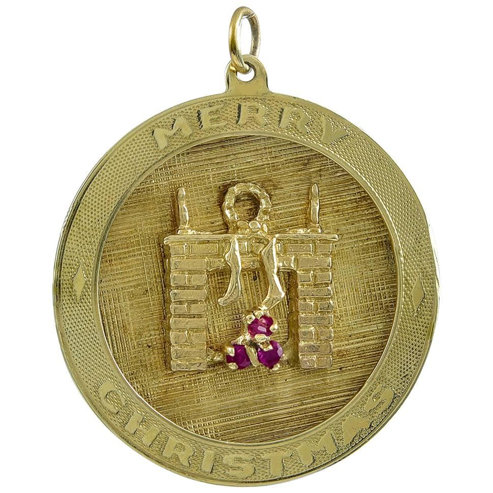 Merry Christmas Fireplace Gold Charm