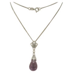 Chain and Pendant with Amethyst and diamonds 14k white gold