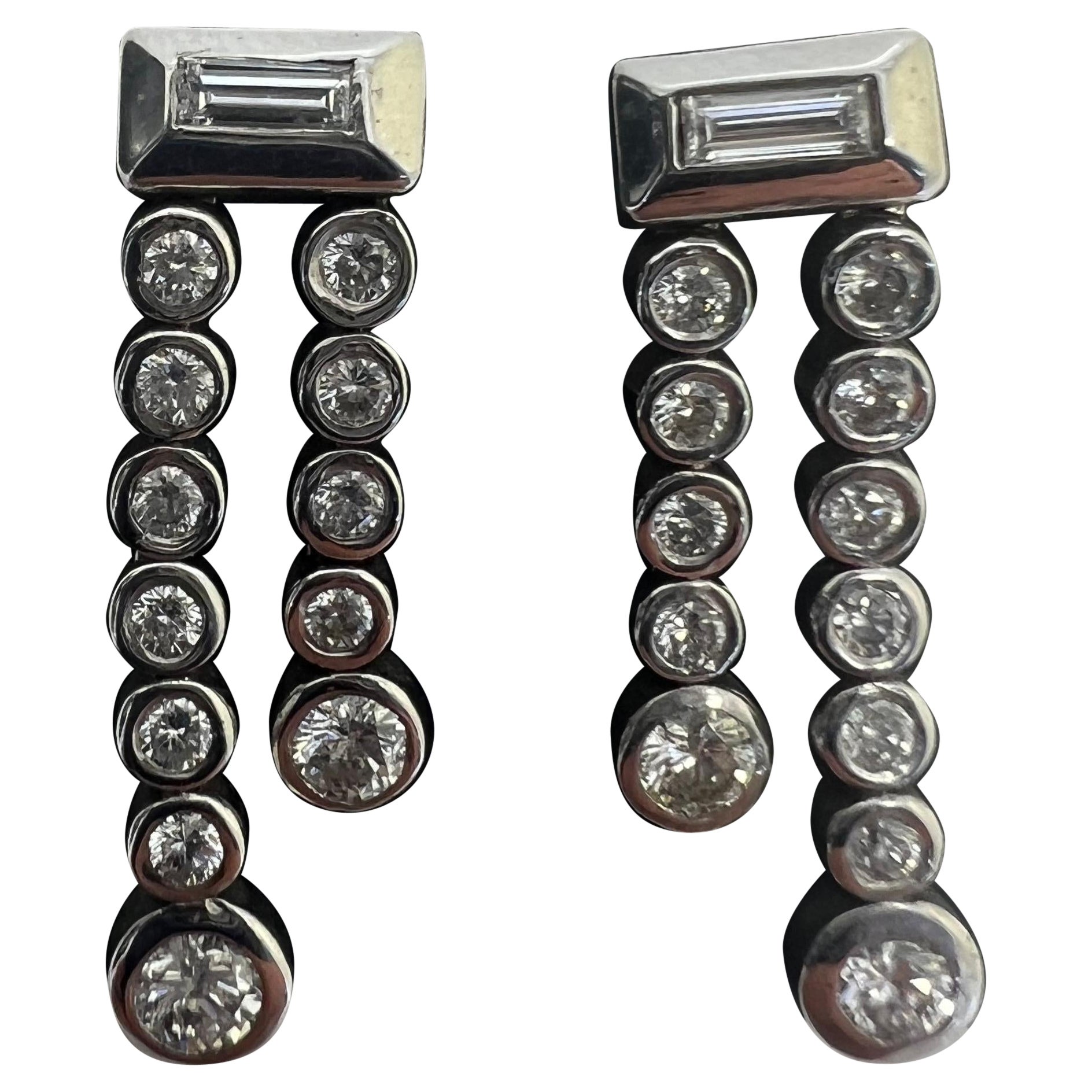 14k White Gold Diamond Bezel Set Round Bagguette Drop Dangle Earrings For Sale