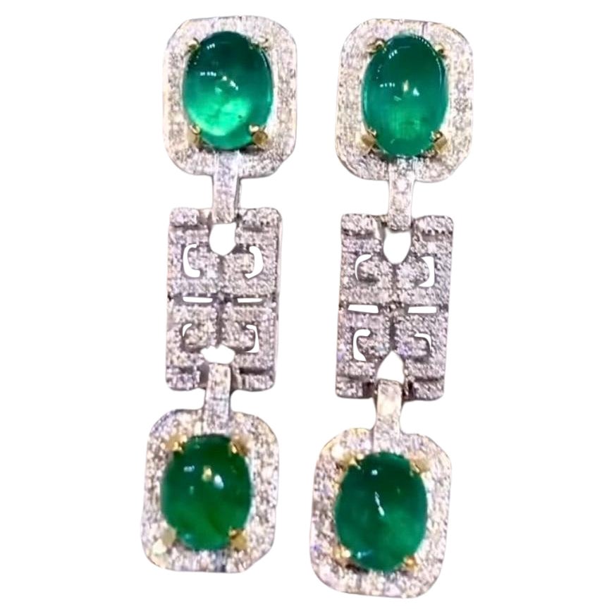 AIG Certified 9.92 Carats Zambian Emeralds  1.32 Ct Diamonds 18K Gold Earrings 