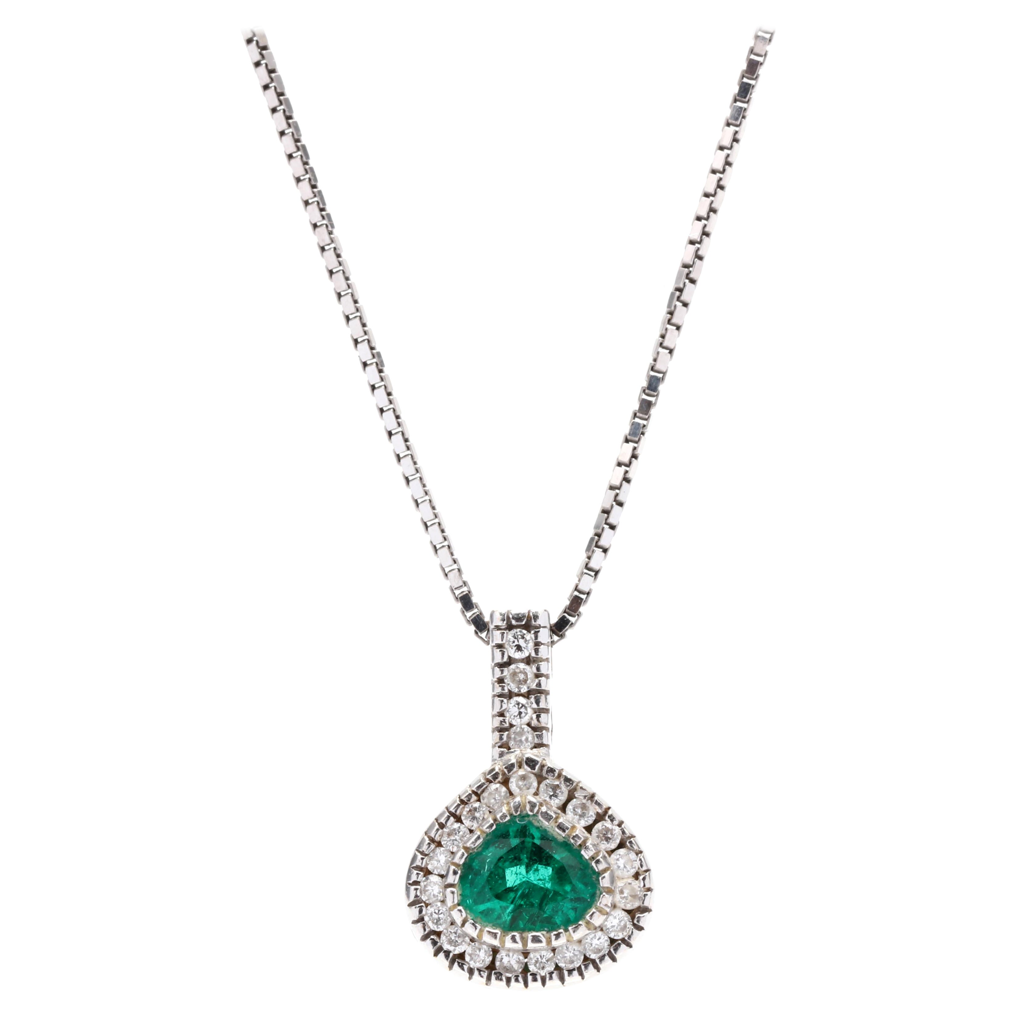 0.75ctw Pear Emerald Diamond Halo Pendant Necklace, 18K White Gold, Length 16.25 For Sale