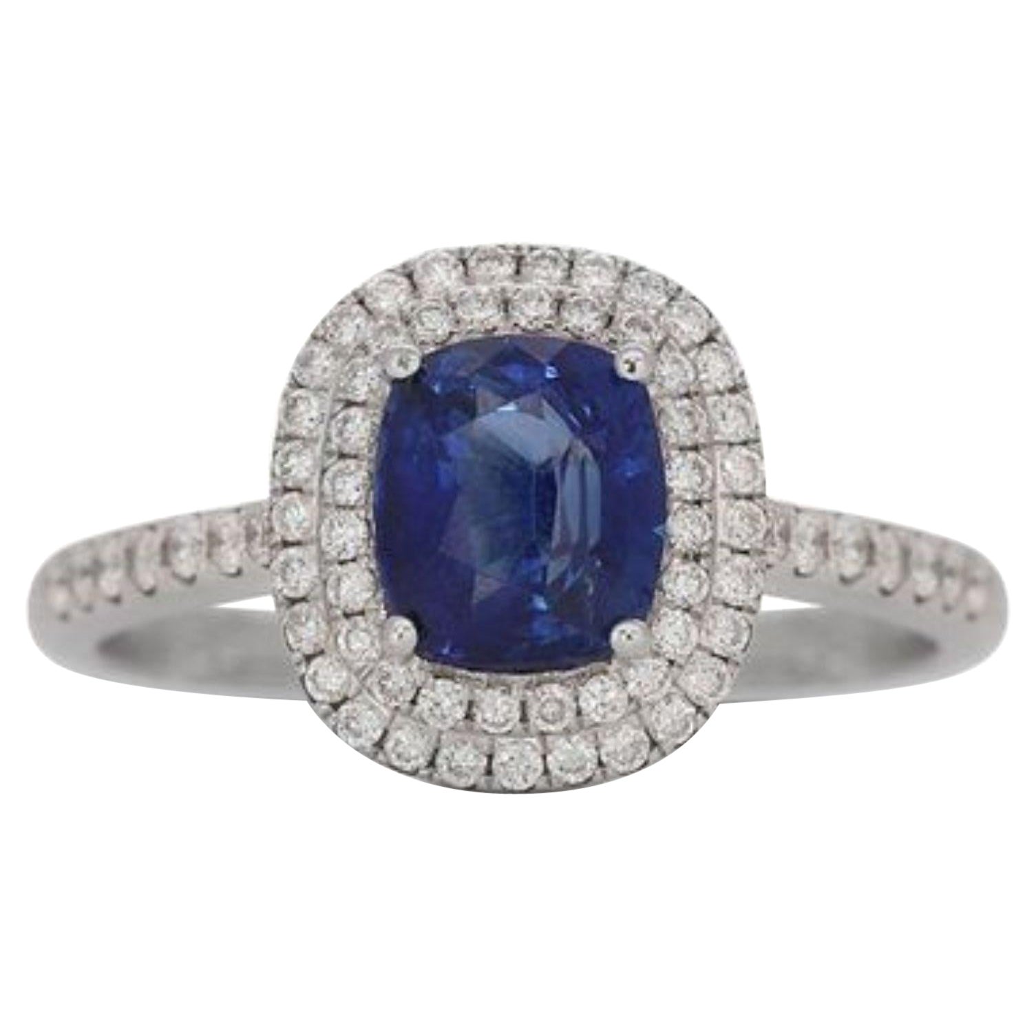 18K White Gold Sapphire Halo Diamond Ring For Sale