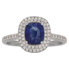 18K White Gold Sapphire Halo Diamond Ring