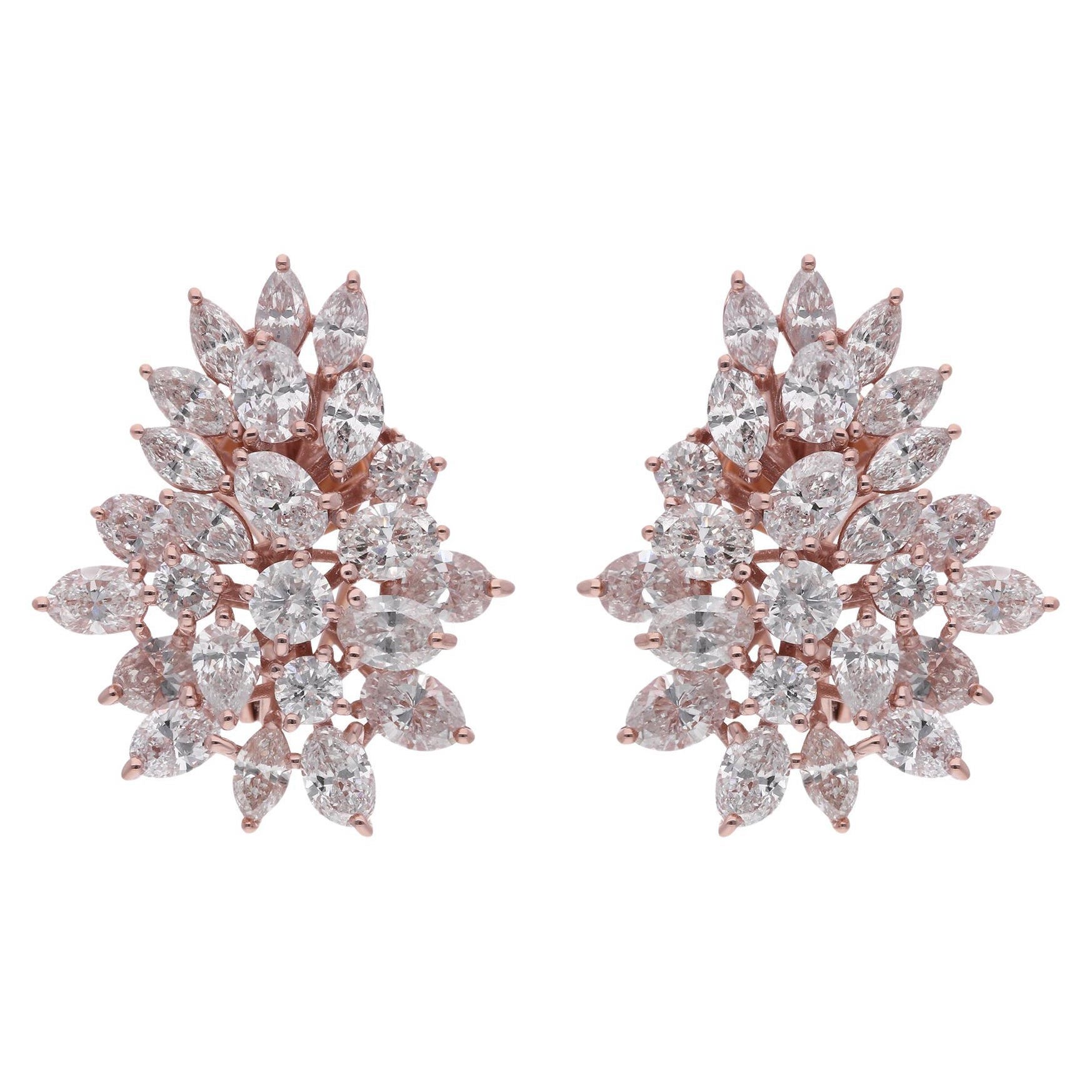 Boucles d'oreilles en or rose 14 carats, diamants ronds, marquises et ovales, fabrication artisanale