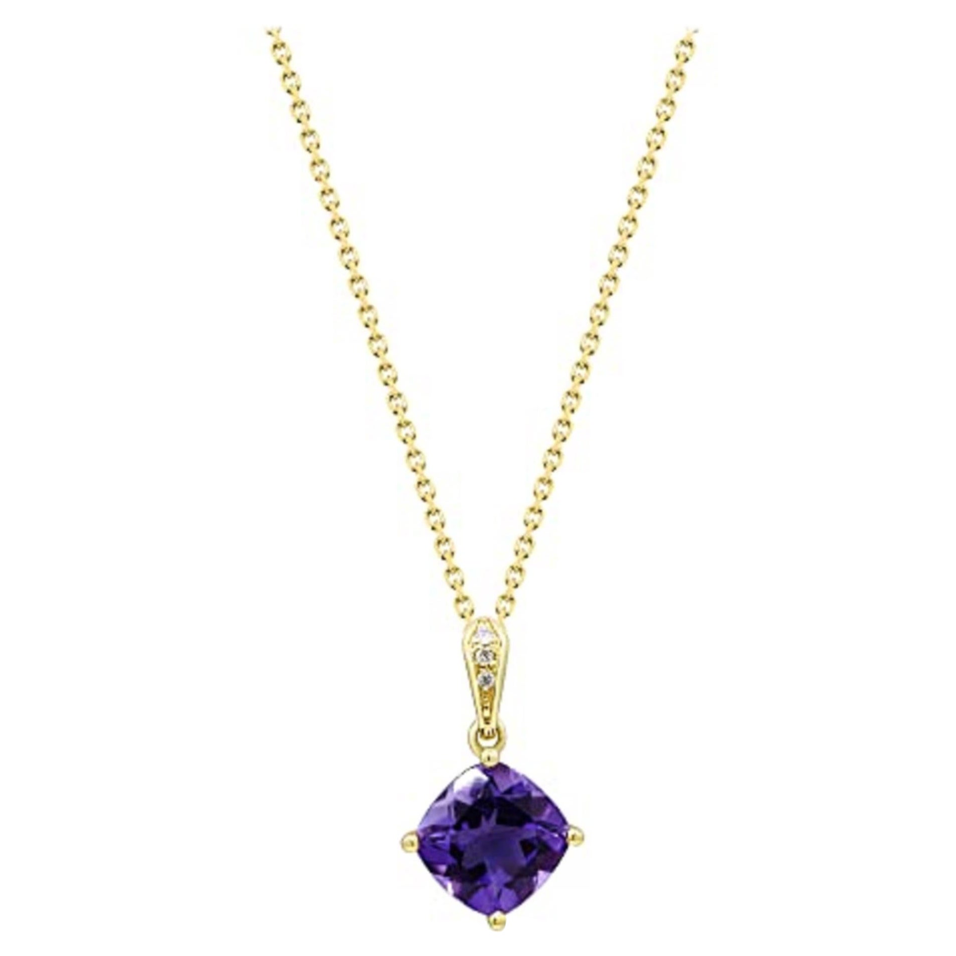 Gin & Grace 10K Yellow Gold Amethyst Cushion With Natural Diamond Pendant For Sale