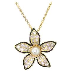 Victorian Natural Pearl, Rose Cut Diamond 
Black Enamel Flower Pendant