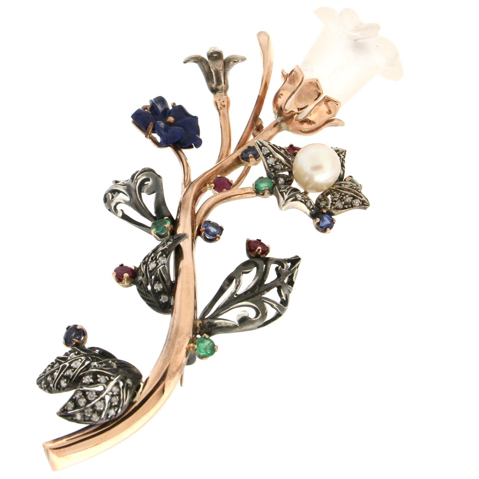 Handcraft Flower 9 Karat Yellow Gold Diamonds Precious Stones Brooch For Sale