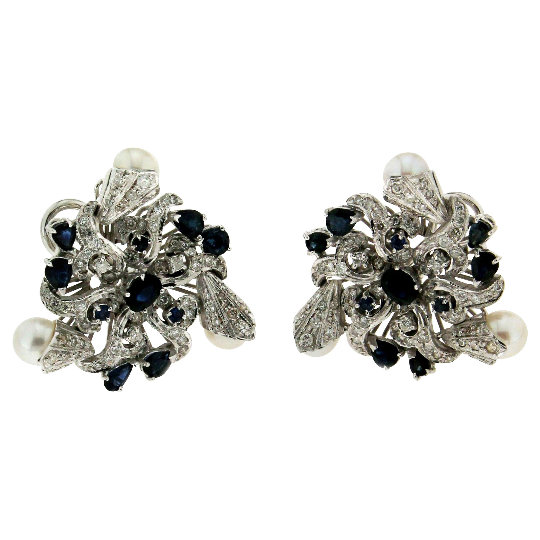 Handcraft Japan Pearls 18 Karat White Gold Diamonds Sapphires Stud Earrings For Sale