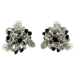Handcraft Japan Pearls 18 Karat White Gold Diamonds Sapphires Stud Earrings