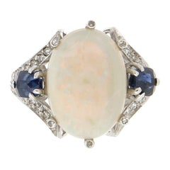 Handcraft Australian Opal 18 Karat White Gold Diamonds Sapphires Cocktail Ring