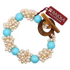 Rajola Italy Contemporary Blue Turquoise Bracelet With Cultured White Pearls