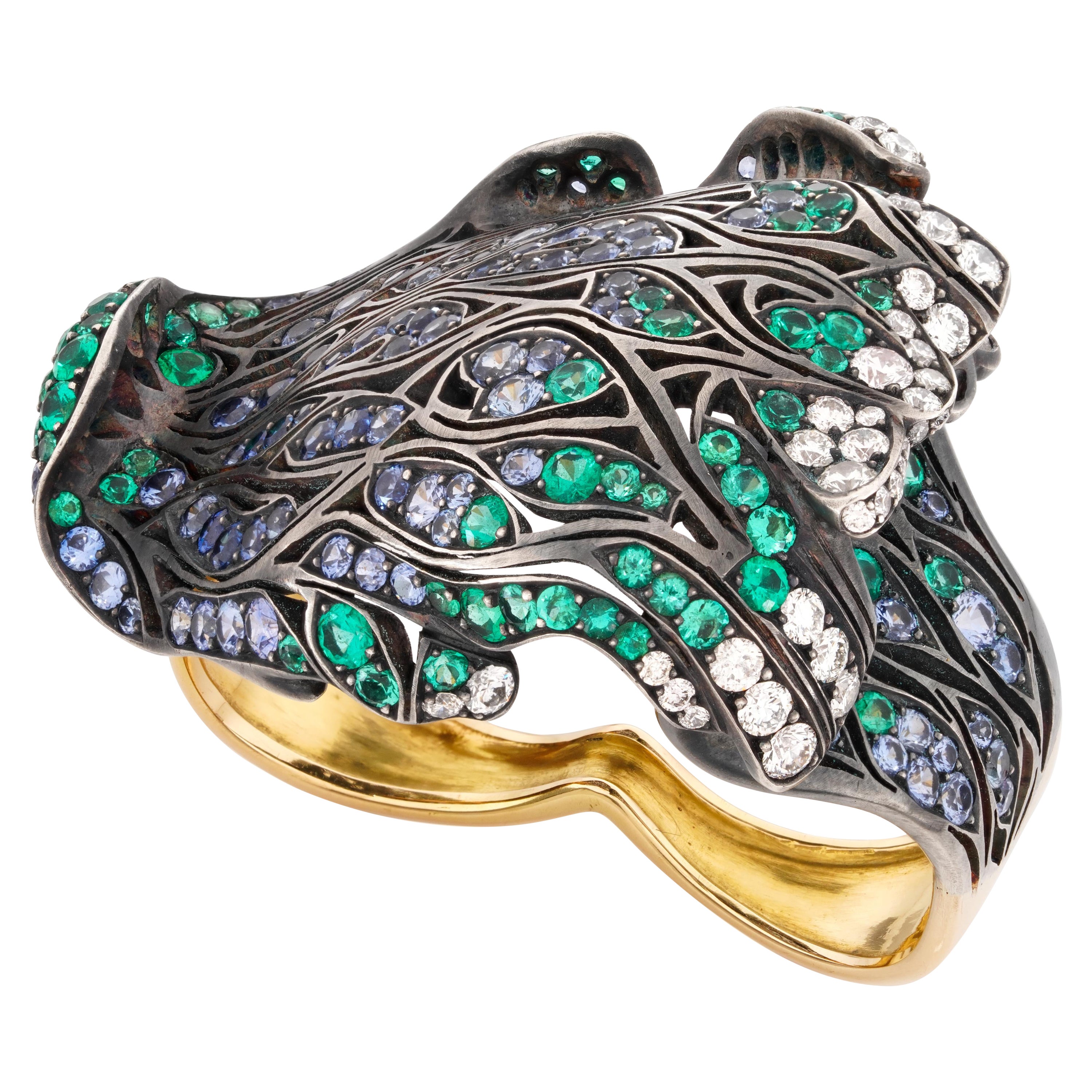 Hokusai wave, Ceylon sapphires, emeralds and diamonds Two Finger Cocktail Ring For Sale