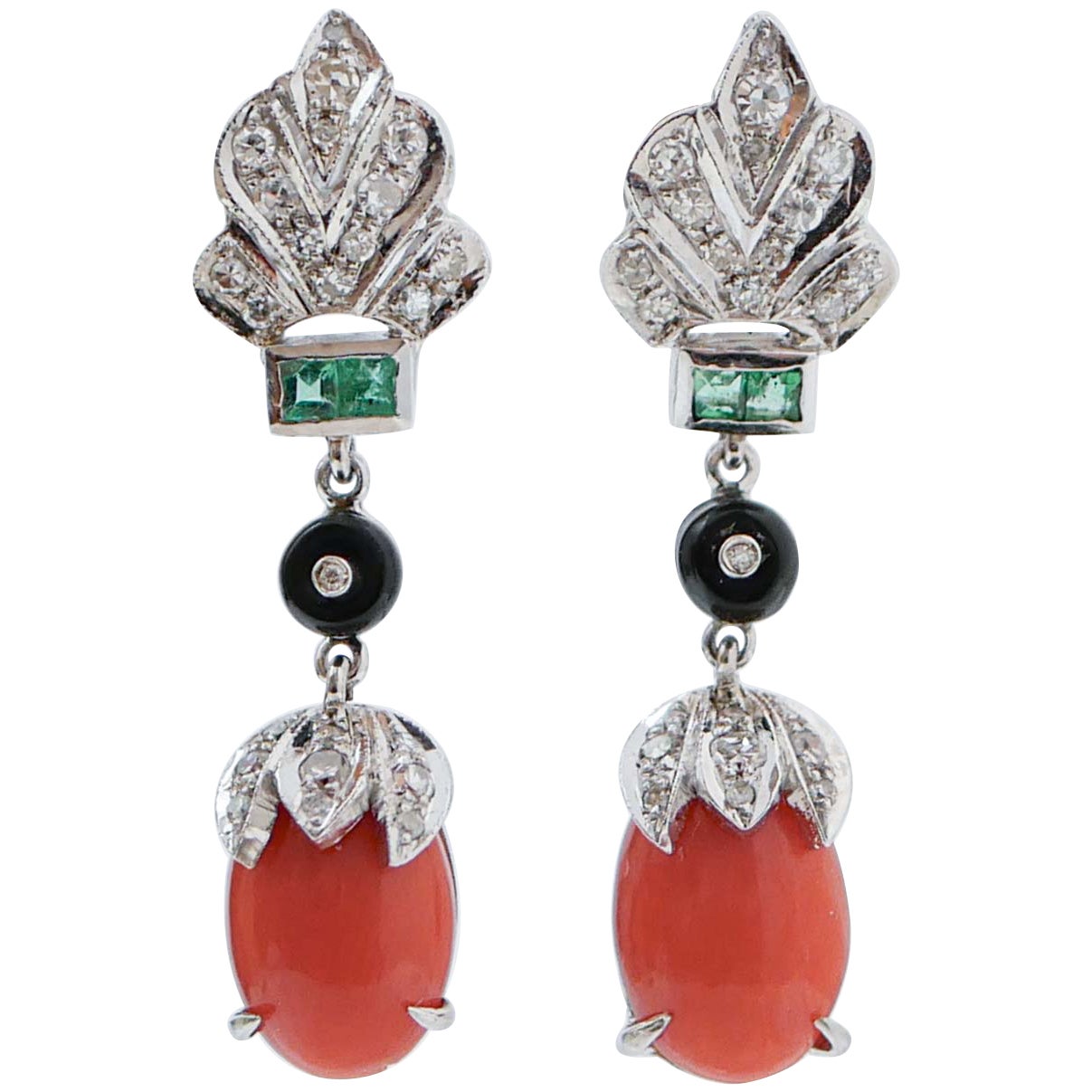 Coral, Emeralds, Onyx, Diamonds, Platinum Dangle Earrings. For Sale