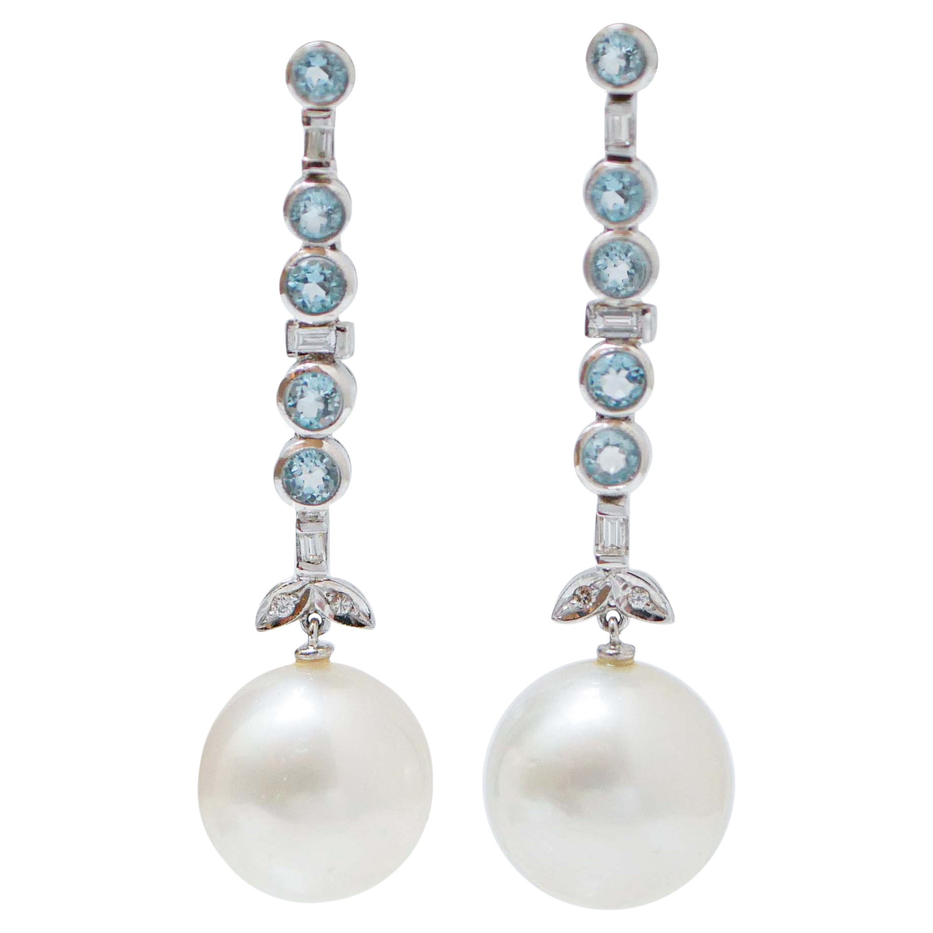 South-Sea Pearls, Aquamarine, Diamonds, Platinum Earrings. For Sale