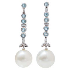 Vintage South-Sea Pearls, Aquamarine, Diamonds, Platinum Earrings.
