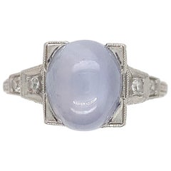Antique Platinum Hand Engraved Star Sapphire and Diamond Ring
