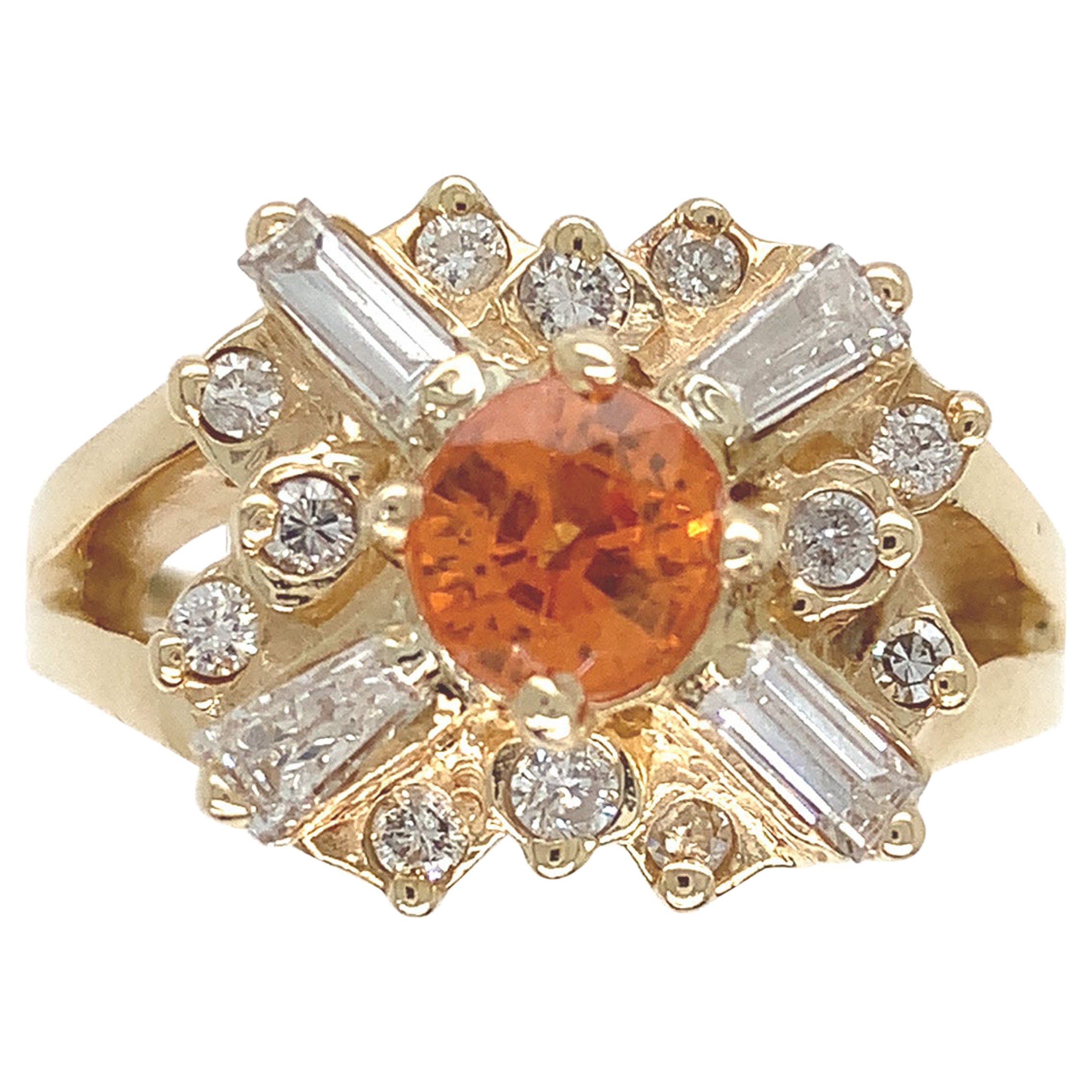 For Sale:  14K Yellow Gold Heavy Mandarin Orange Garnet & Diamond Ring