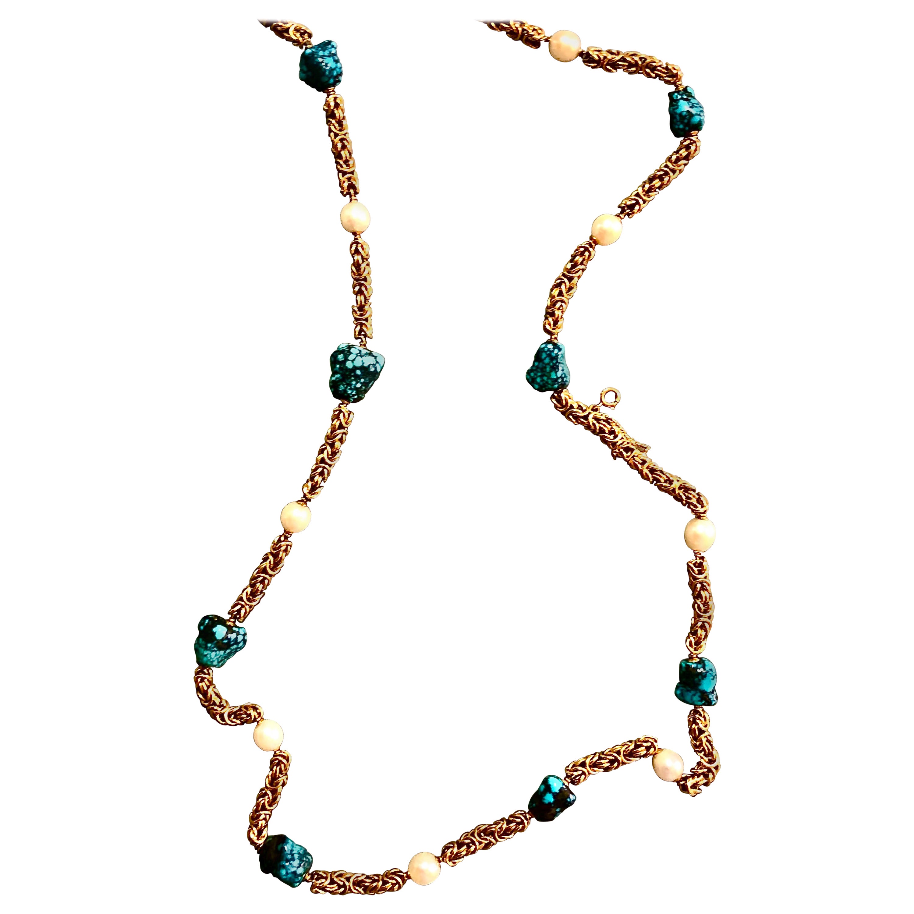 Byzantine 19kt gold chain with Pearls and Turquoise For Sale