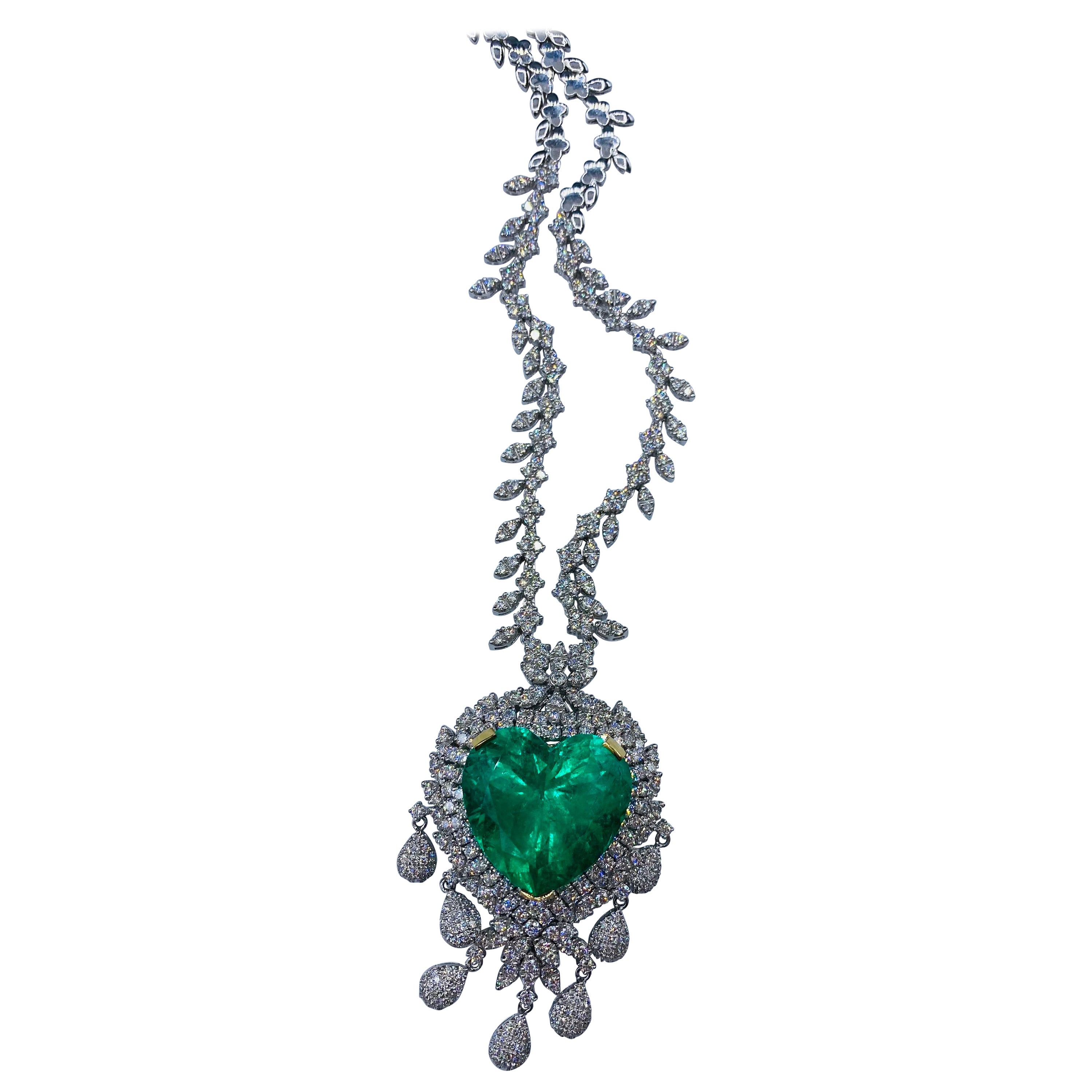 Emilio Jewelry Certified 54 Carat Vivid Green Colombian Emerald Heart Necklace For Sale