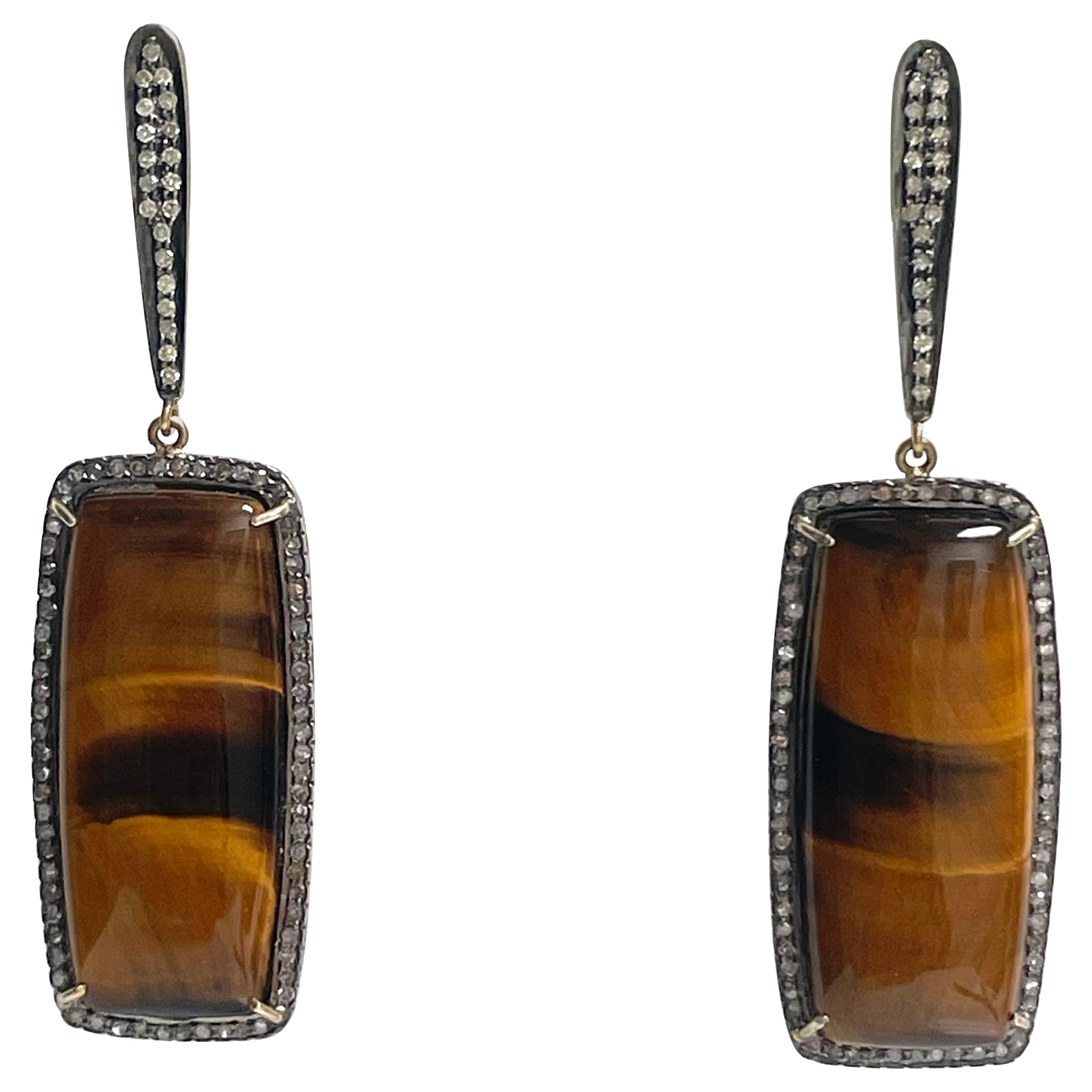 Tiger’s Eye and Pave Diamonds Paradizia Earrings For Sale