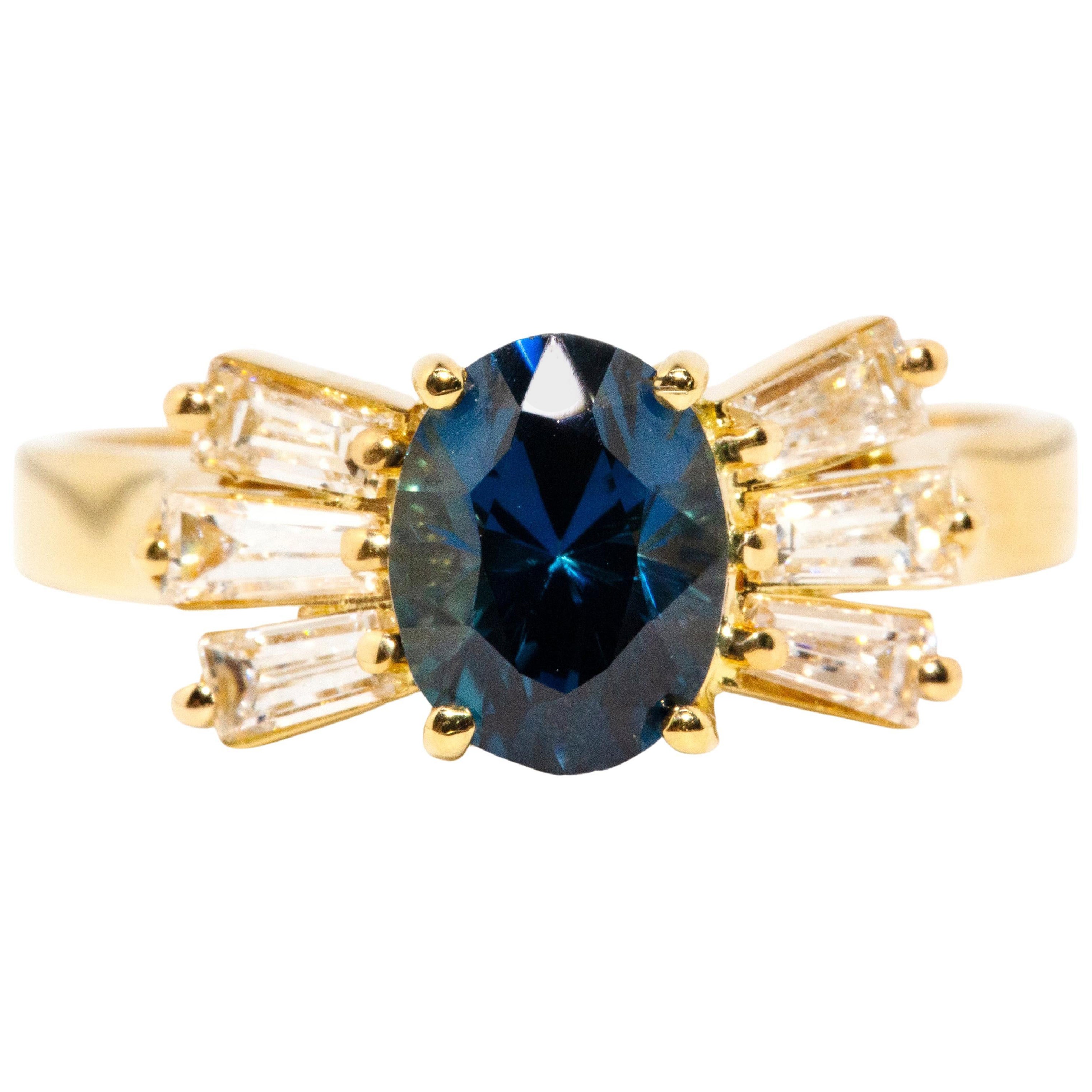 Vintage Circa 1980s 1.78 Carat Sapphire & Baguette Diamond Ring 18ct Yellow Gold For Sale
