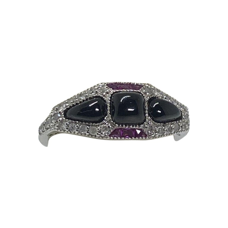 An Art-Deco Style Cabochon Cut Onyx, Ruby & Rose Cut Diamond Gold & Silver Ring For Sale