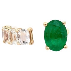 Bague Emeraude Naturelle et Saphir Blanc 6.5 14k Or Y 4.05 TCW Certifié