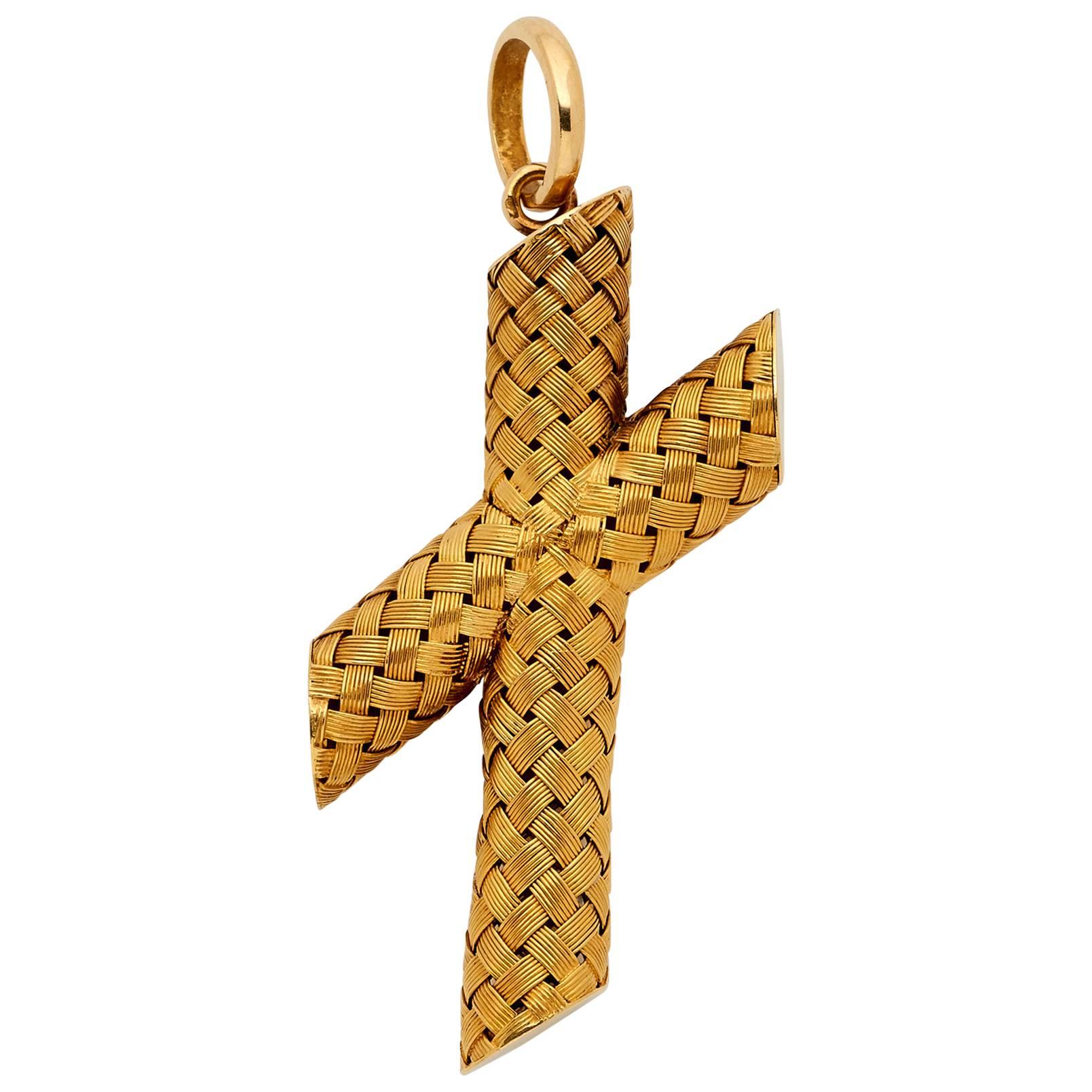 Victorian Woven Yellow Gold Cross Pendant For Sale