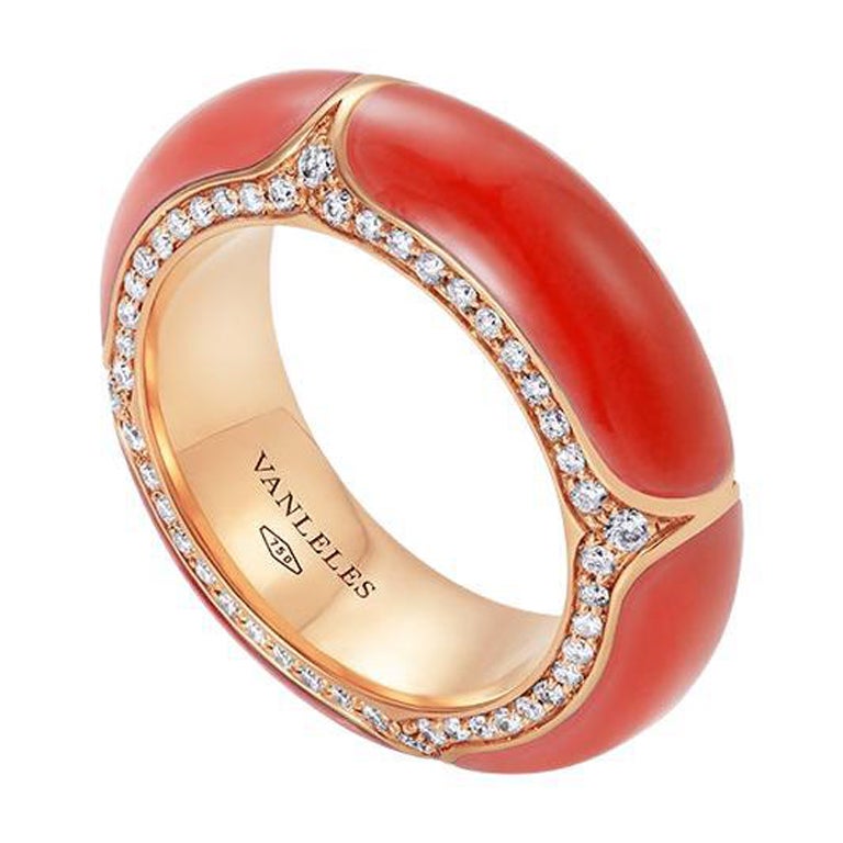 18 Karat Rose Gold, White Diamonds and Coral Ring For Sale