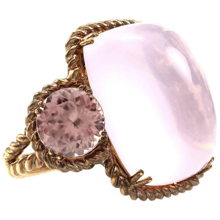 Rose Quartz and Pink Zircon Ring in Rose Finished Gold For Sale