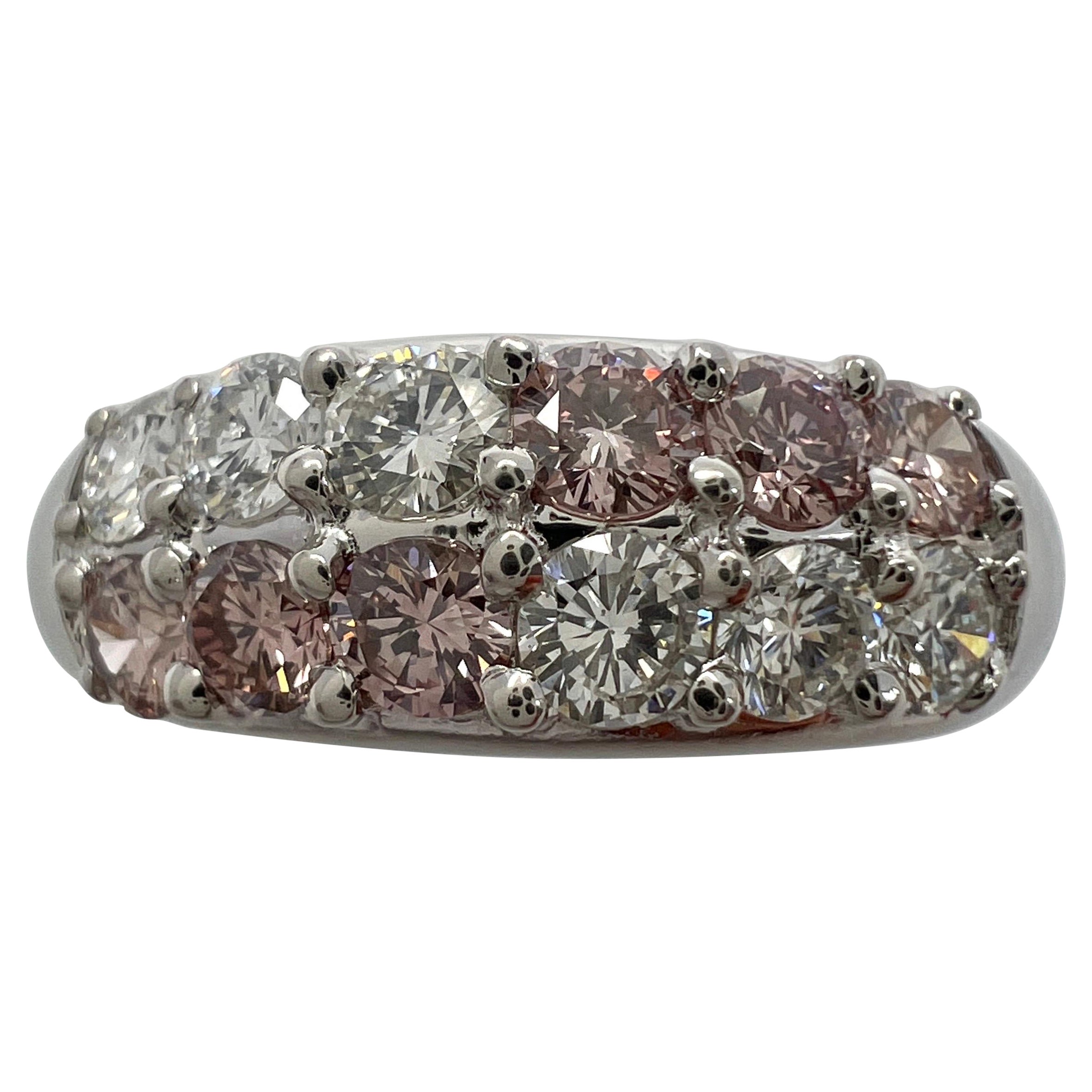 Rare Untreated Fancy Pink & White Diamond Round Cut Platinum Eternity Band Ring For Sale