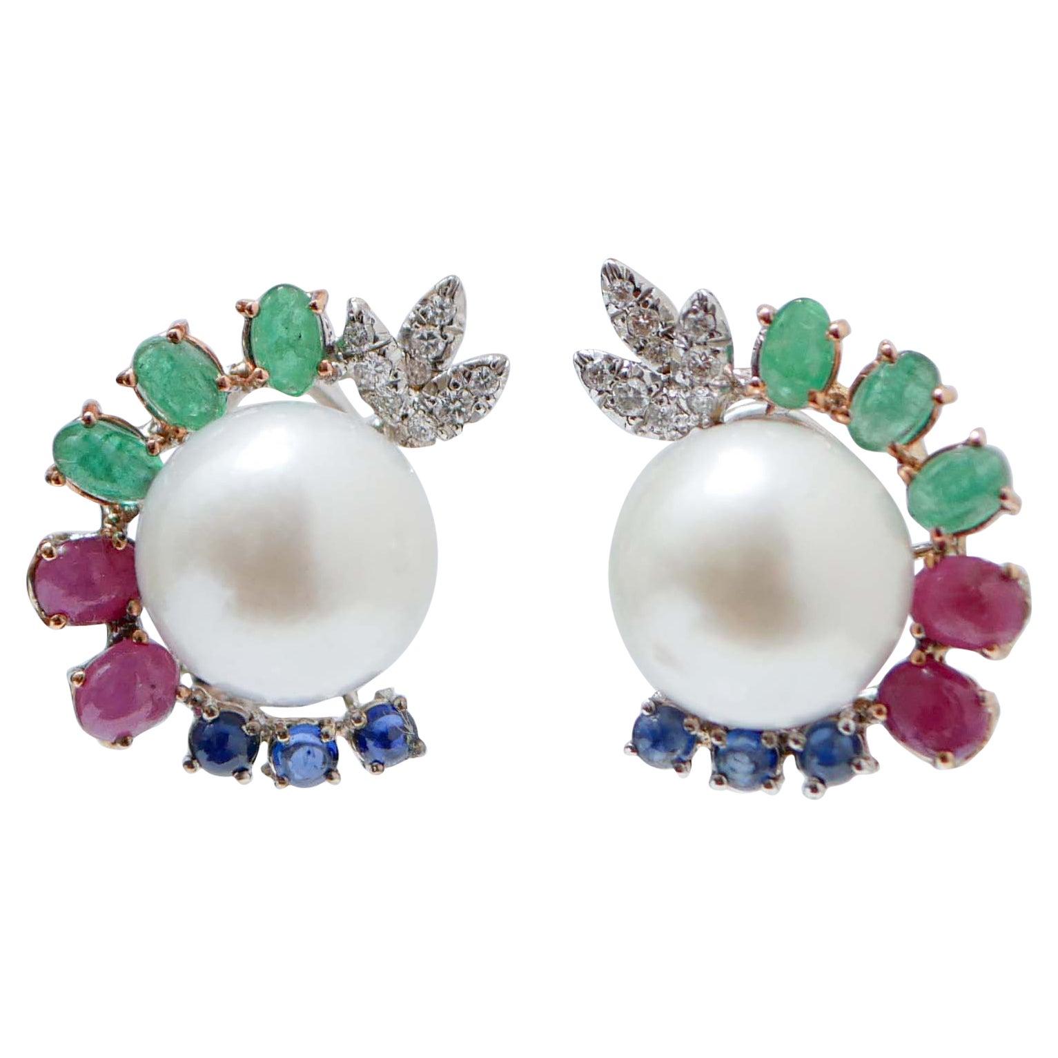 South-Sea Pearls, Emeralds, Rubies, Sapphires, Diamonds, 18 Kt Gold Earrings. For Sale