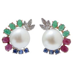 Vintage South-Sea Pearls, Emeralds, Rubies, Sapphires, Diamonds, 18 Kt Gold Earrings.