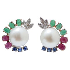 South-Sea Pearls, Emeralds, Rubies, Sapphires, Diamonds, 18 Kt Gold Earrings.