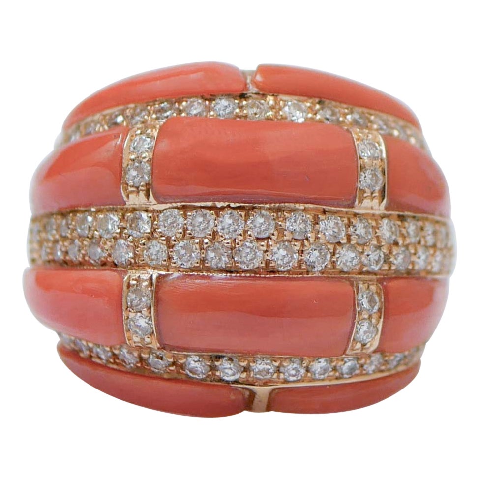 Coral, Diamonds, 14 Karat Rose Gold Ring. For Sale